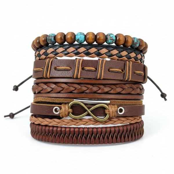INFINITY EARTH - 6 Pcs Genuine Leather Adjustable Bracelet Set for Men & Boys (8 inch)