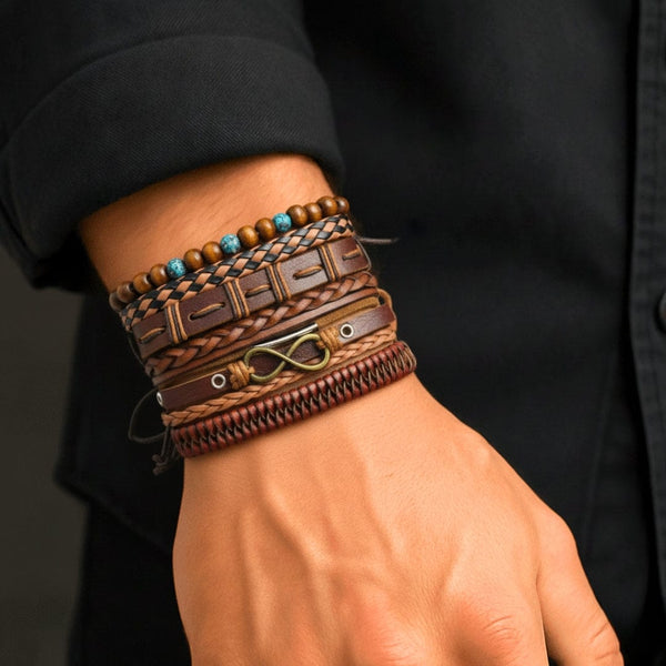INFINITY EARTH - 6 Pcs Genuine Leather Adjustable Bracelet Set for Men & Boys (8 inch)