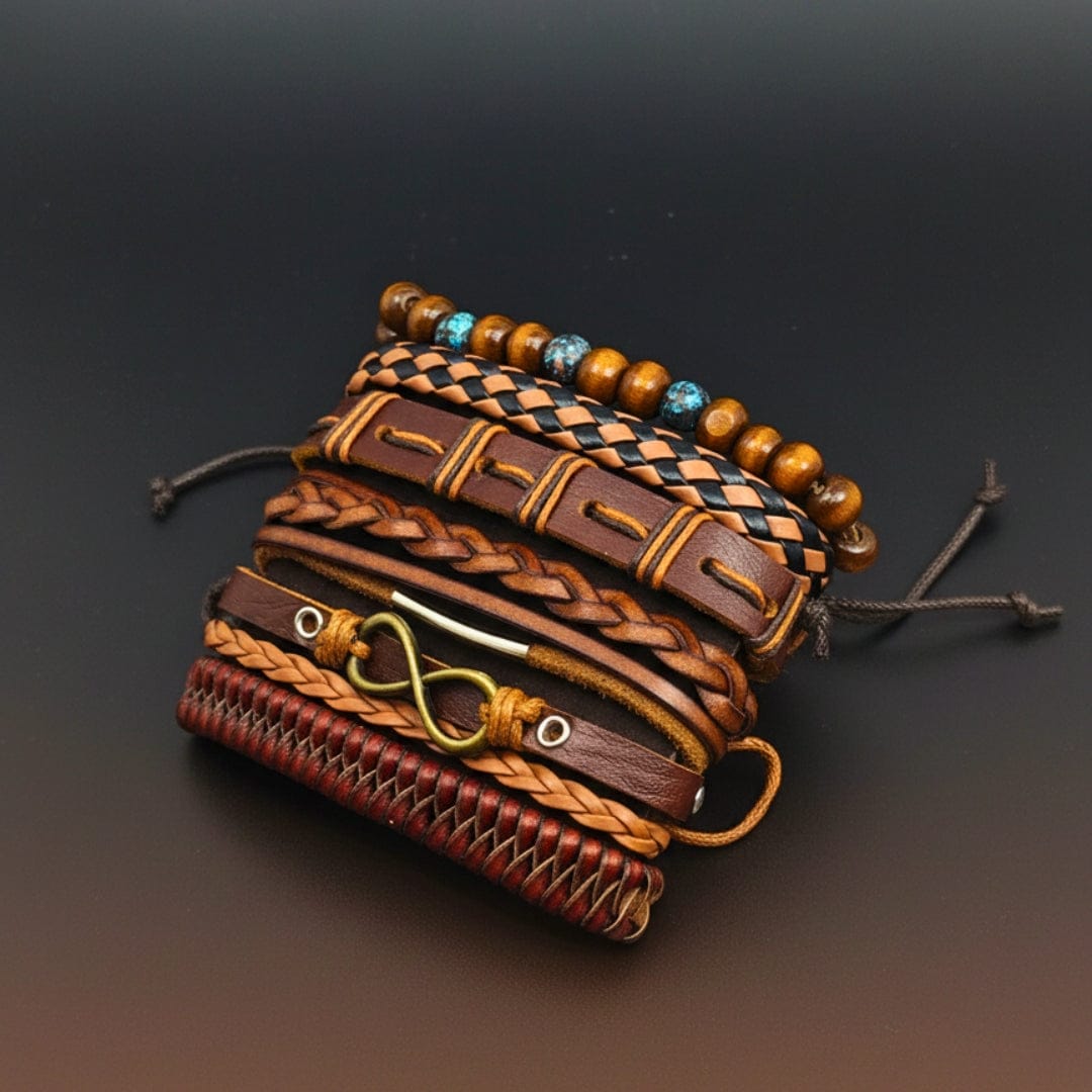 THE MEN THING Leather Bracelet INFINITY EARTH - 6 Pcs Genuine Leather Adjustable Bracelet Set for Men & Boys (8 inch)