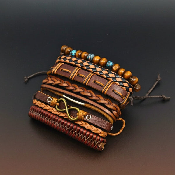 INFINITY EARTH - 6 Pcs Genuine Leather Adjustable Bracelet Set for Men & Boys (8 inch)