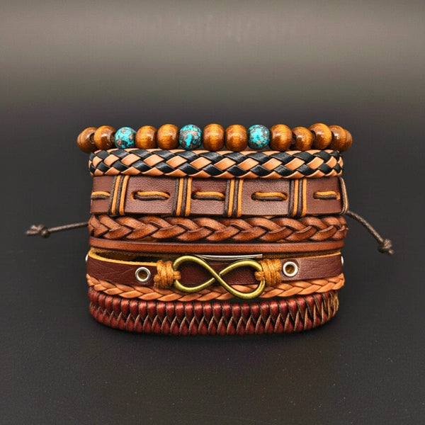INFINITY EARTH - 6 Pcs Genuine Leather Adjustable Bracelet Set for Men & Boys (8 inch)