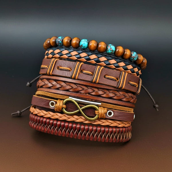 INFINITY EARTH - 6 Pcs Genuine Leather Adjustable Bracelet Set for Men & Boys (8 inch)