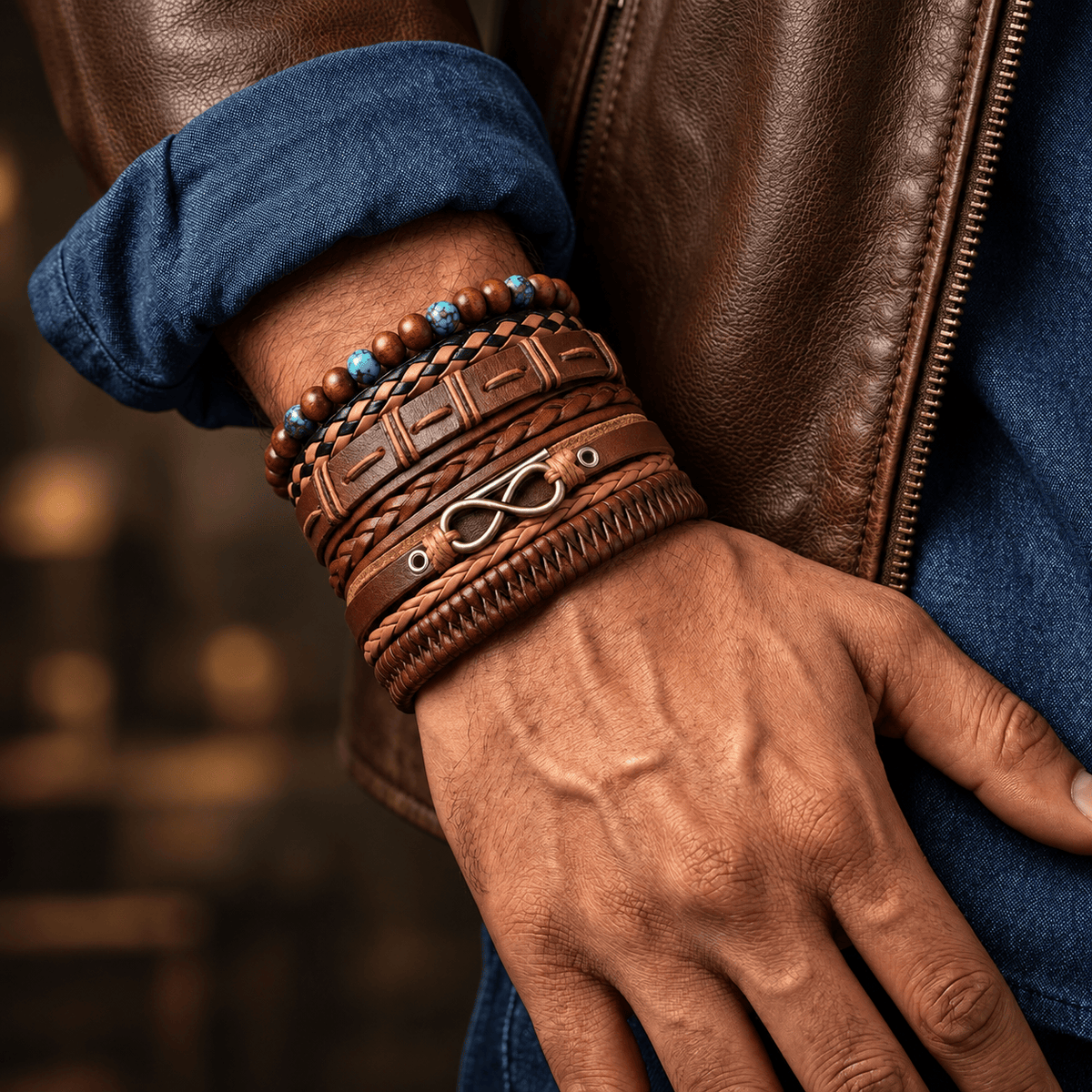 THE MEN THING Leather Bracelet INFINITY EARTH - 6 Pcs Genuine Leather Adjustable Bracelet Set for Men & Boys (8 inch)
