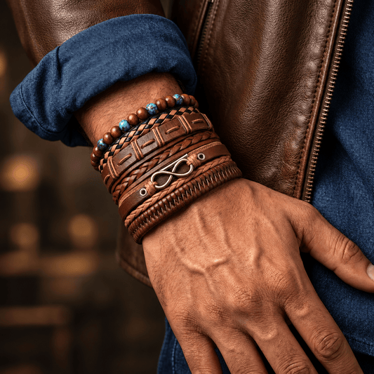 THE MEN THING Leather Bracelet INFINITY EARTH - 6 Pcs Genuine Leather Adjustable Bracelet Set for Men & Boys (8 inch)