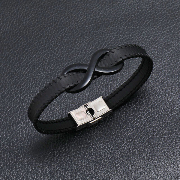 INFINITY NOIR - Black 10mm Genuine Leather Bracelet with Stainless Steel Fold-Over Push Clasp for Men & Boys (8 inch)