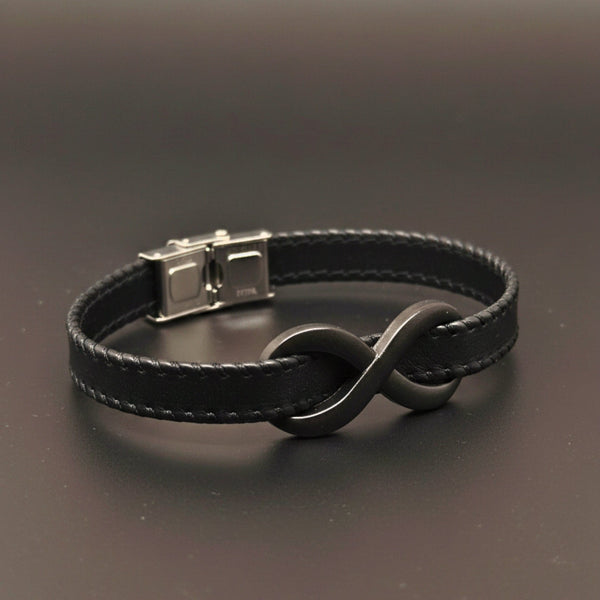 INFINITY NOIR - Black 10mm Genuine Leather Bracelet with Stainless Steel Fold-Over Push Clasp for Men & Boys (8 inch)
