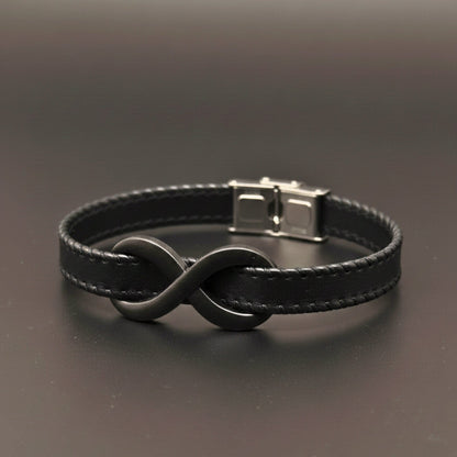 THE MEN THING Leather Bracelet INFINITY NOIR - Black 10mm Genuine Leather Bracelet with Stainless Steel Fold-Over Push Clasp for Men & Boys (8 inch)