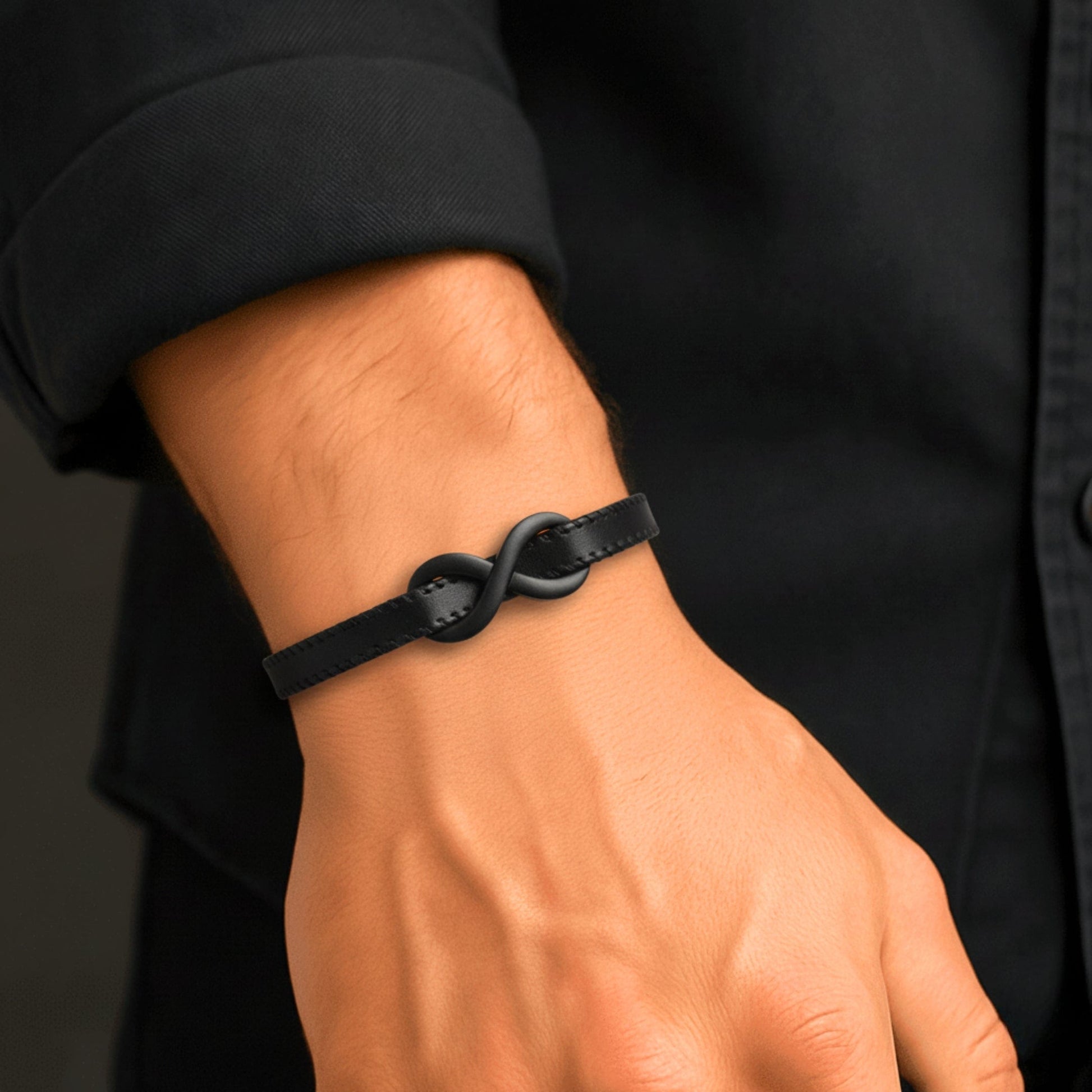 THE MEN THING Leather Bracelet INFINITY NOIR - Black 10mm Genuine Leather Bracelet with Stainless Steel Fold-Over Push Clasp for Men & Boys (8 inch)