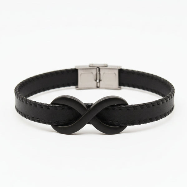 INFINITY NOIR - Black 10mm Genuine Leather Bracelet with Stainless Steel Fold-Over Push Clasp for Men & Boys (8 inch)