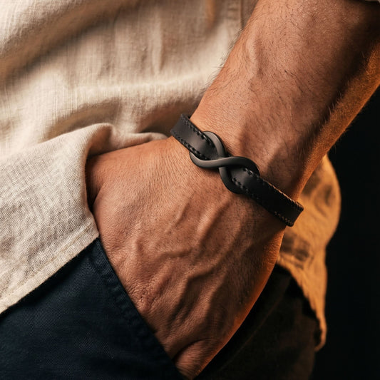 THE MEN THING Leather Bracelet INFINITY NOIR - Black 10mm Genuine Leather Bracelet with Stainless Steel Fold-Over Push Clasp for Men & Boys (8 inch)