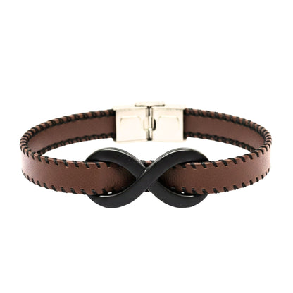 THE MEN THING Leather Bracelet INFINITY NOIR - Dark Brown 10mm Genuine Leather Bracelet with Stainless Steel Fold-Over Push Clasp for Men & Boys (8 inch)