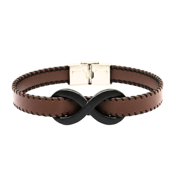 INFINITY NOIR - Dark Brown 10mm Genuine Leather Bracelet with Stainless Steel Fold-Over Push Clasp for Men & Boys (8 inch)