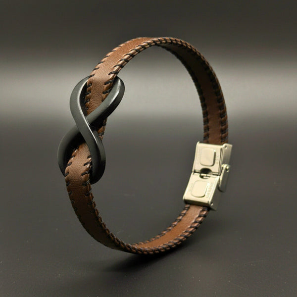 INFINITY NOIR - Dark Brown 10mm Genuine Leather Bracelet with Stainless Steel Fold-Over Push Clasp for Men & Boys (8 inch)