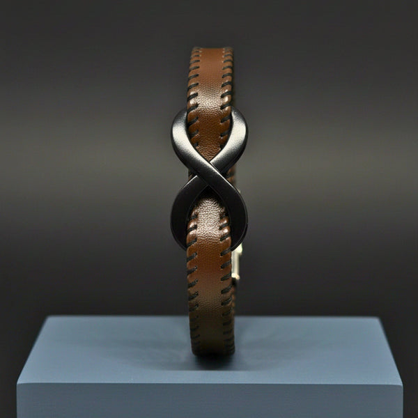 INFINITY NOIR - Dark Brown 10mm Genuine Leather Bracelet with Stainless Steel Fold-Over Push Clasp for Men & Boys (8 inch)