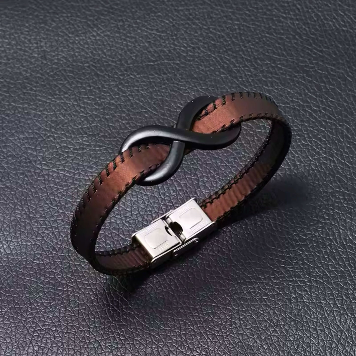 THE MEN THING Leather Bracelet INFINITY NOIR - Dark Brown 10mm Genuine Leather Bracelet with Stainless Steel Fold-Over Push Clasp for Men & Boys (8 inch)