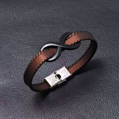 THE MEN THING Leather Bracelet INFINITY NOIR - Dark Brown 10mm Genuine Leather Bracelet with Stainless Steel Fold-Over Push Clasp for Men & Boys (8 inch)