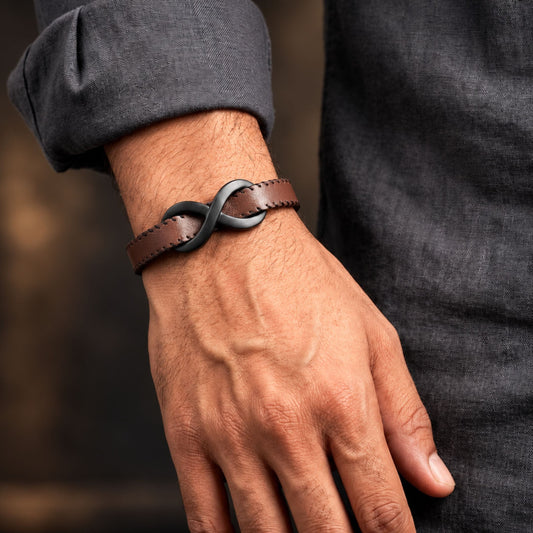 THE MEN THING Leather Bracelet INFINITY NOIR - Dark Brown 10mm Genuine Leather Bracelet with Stainless Steel Fold-Over Push Clasp for Men & Boys (8 inch)