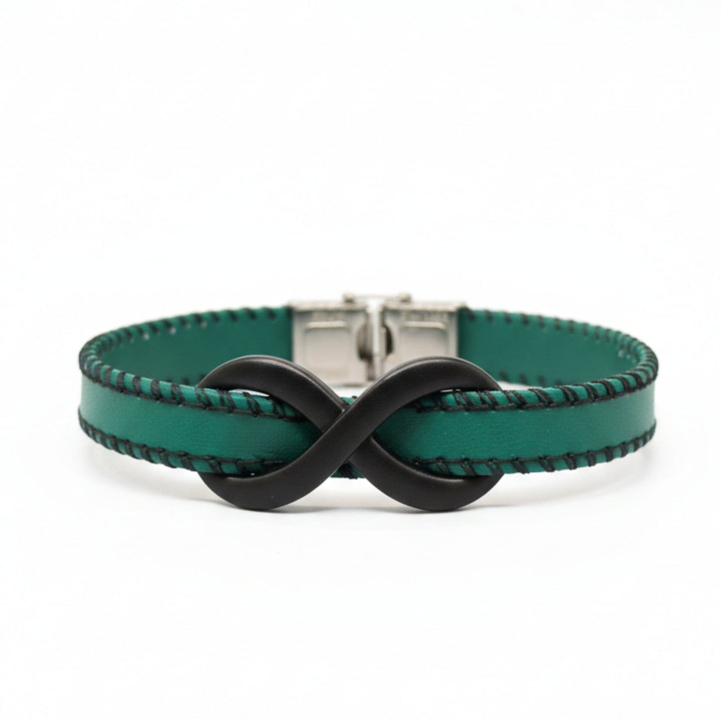 THE MEN THING Leather Bracelet INFINITY NOIR - Teal Green 10mm Genuine Leather Bracelet with Stainless Steel Fold-Over Push Clasp for Men & Boys (8 inch)