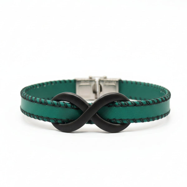 INFINITY NOIR - Teal Green 10mm Genuine Leather Bracelet with Stainless Steel Fold-Over Push Clasp for Men & Boys (8 inch)