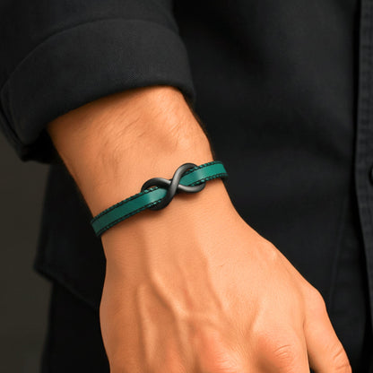 THE MEN THING Leather Bracelet INFINITY NOIR - Teal Green 10mm Genuine Leather Bracelet with Stainless Steel Fold-Over Push Clasp for Men & Boys (8 inch)