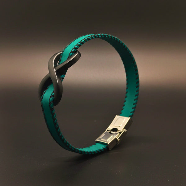 INFINITY NOIR - Teal Green 10mm Genuine Leather Bracelet with Stainless Steel Fold-Over Push Clasp for Men & Boys (8 inch)