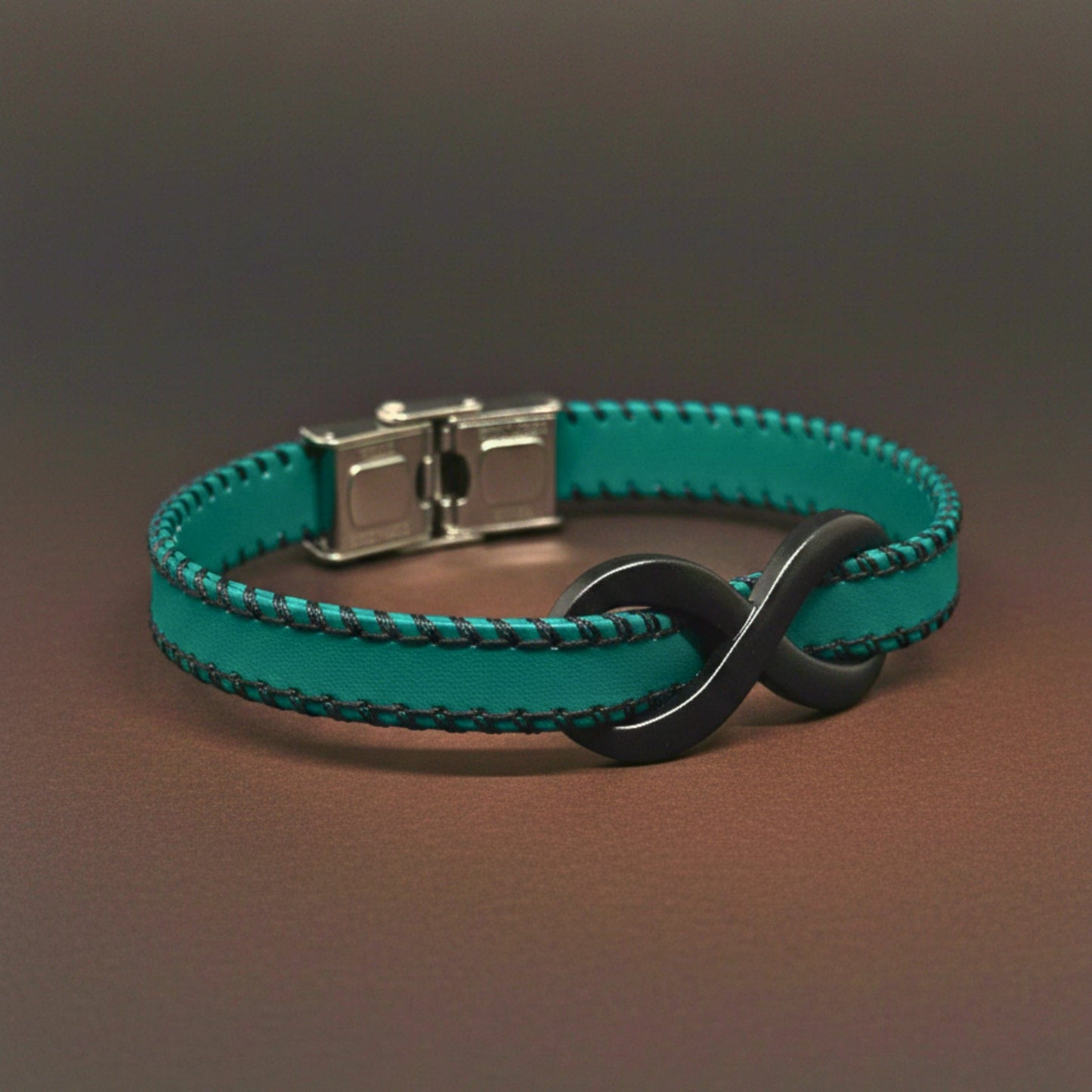 THE MEN THING Leather Bracelet INFINITY NOIR - Teal Green 10mm Genuine Leather Bracelet with Stainless Steel Fold-Over Push Clasp for Men & Boys (8 inch)