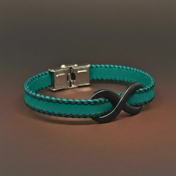 INFINITY NOIR - Teal Green 10mm Genuine Leather Bracelet with Stainless Steel Fold-Over Push Clasp for Men & Boys (8 inch)