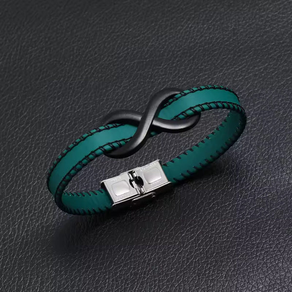 INFINITY NOIR - Teal Green 10mm Genuine Leather Bracelet with Stainless Steel Fold-Over Push Clasp for Men & Boys (8 inch)