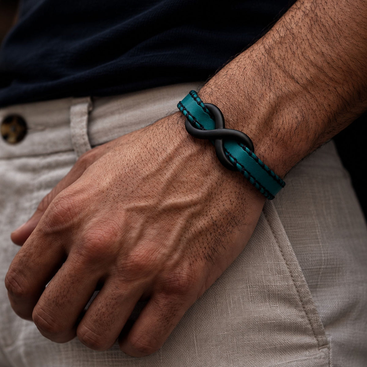 THE MEN THING Leather Bracelet INFINITY NOIR - Teal Green 10mm Genuine Leather Bracelet with Stainless Steel Fold-Over Push Clasp for Men & Boys (8 inch)