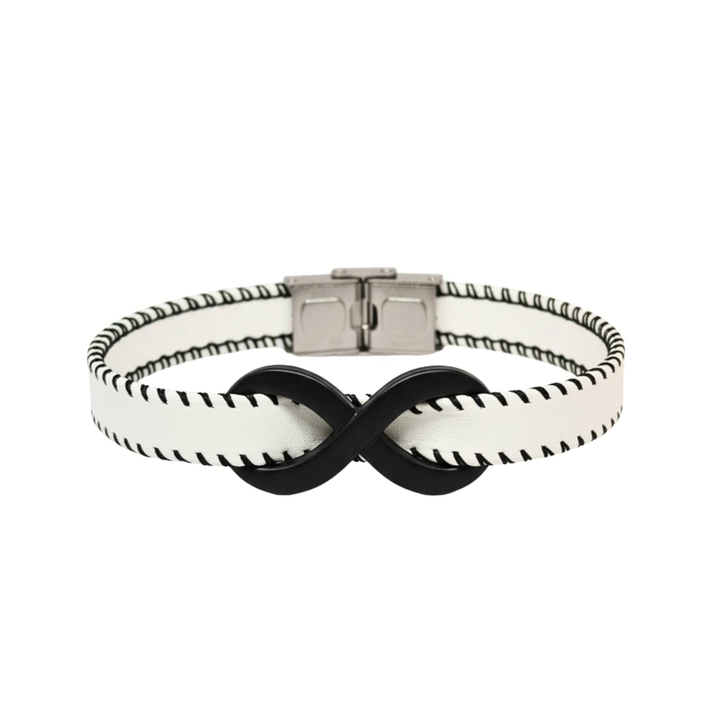 THE MEN THING Leather Bracelet INFINITY NOIR - White 10mm Genuine Leather Bracelet with Stainless Steel Fold-Over Push Clasp for Men & Boys (8 inch)