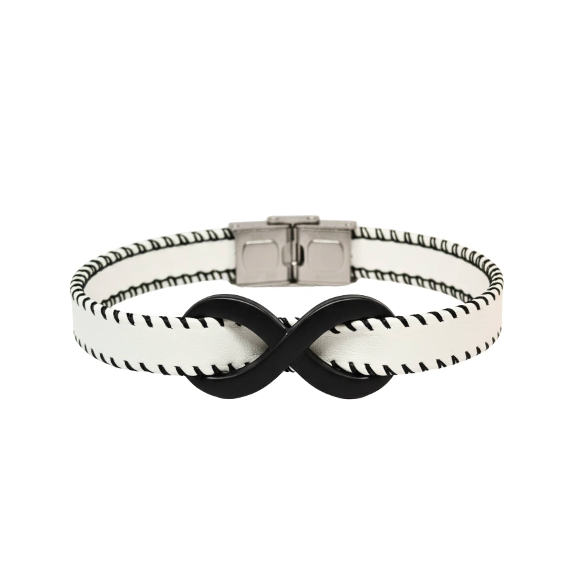 THE MEN THING Leather Bracelet INFINITY NOIR - White 10mm Genuine Leather Bracelet with Stainless Steel Fold-Over Push Clasp for Men & Boys (8 inch)
