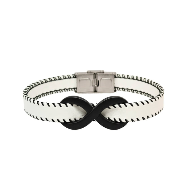 INFINITY NOIR - White 10mm Genuine Leather Bracelet with Stainless Steel Fold-Over Push Clasp for Men & Boys (8 inch)