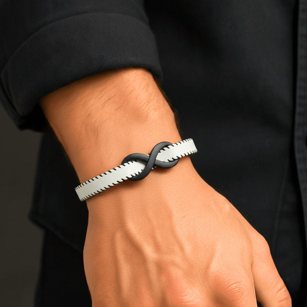 INFINITY NOIR - White 10mm Genuine Leather Bracelet with Stainless Steel Fold-Over Push Clasp for Men & Boys (8 inch)
