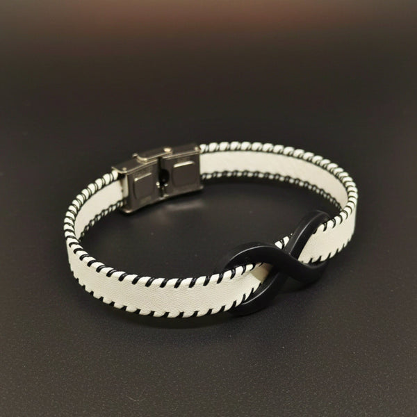 INFINITY NOIR - White 10mm Genuine Leather Bracelet with Stainless Steel Fold-Over Push Clasp for Men & Boys (8 inch)