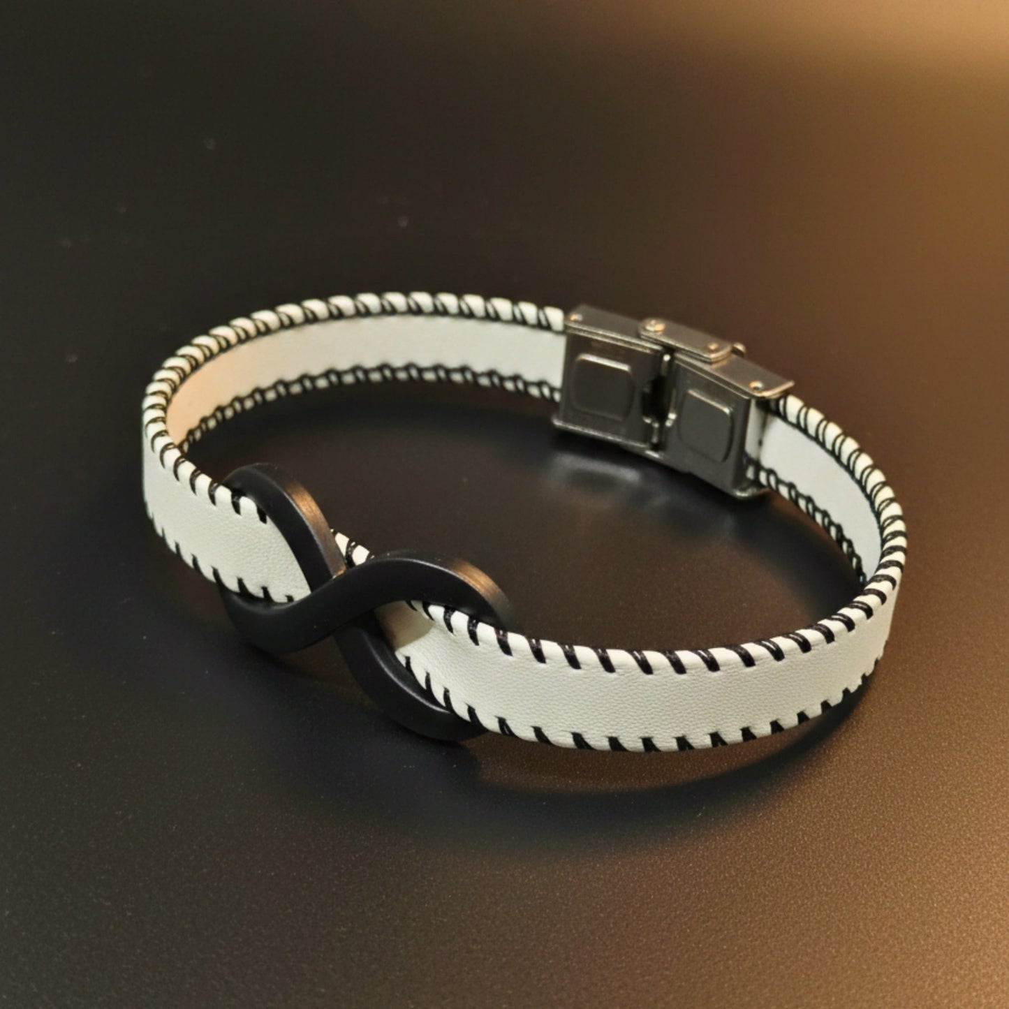 THE MEN THING Leather Bracelet INFINITY NOIR - White 10mm Genuine Leather Bracelet with Stainless Steel Fold-Over Push Clasp for Men & Boys (8 inch)