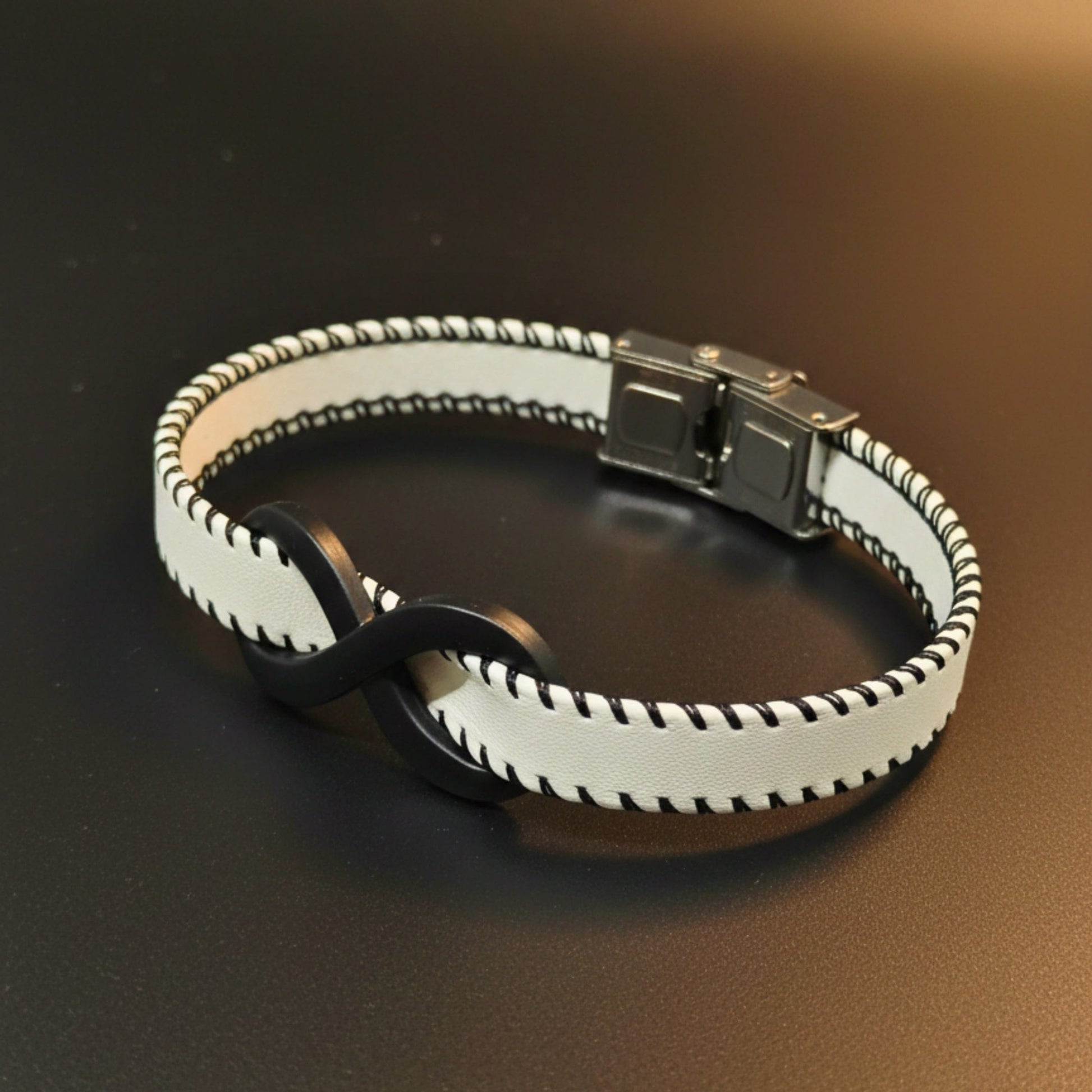 THE MEN THING Leather Bracelet INFINITY NOIR - White 10mm Genuine Leather Bracelet with Stainless Steel Fold-Over Push Clasp for Men & Boys (8 inch)