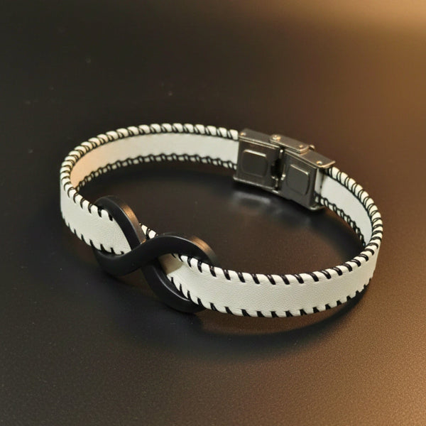 INFINITY NOIR - White 10mm Genuine Leather Bracelet with Stainless Steel Fold-Over Push Clasp for Men & Boys (8 inch)