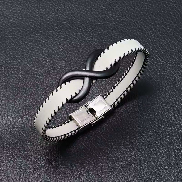INFINITY NOIR - White 10mm Genuine Leather Bracelet with Stainless Steel Fold-Over Push Clasp for Men & Boys (8 inch)