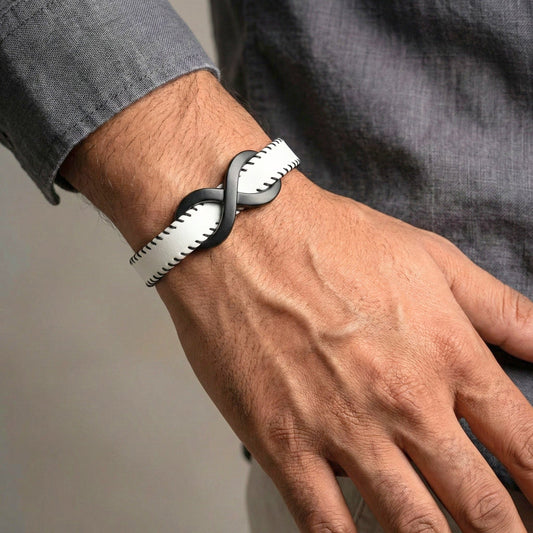 THE MEN THING Leather Bracelet INFINITY NOIR - White 10mm Genuine Leather Bracelet with Stainless Steel Fold-Over Push Clasp for Men & Boys (8 inch)
