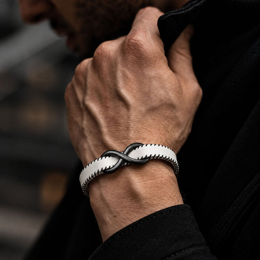 THE MEN THING Leather Bracelet INFINITY NOIR - White 10mm Genuine Leather Bracelet with Stainless Steel Fold-Over Push Clasp for Men & Boys (8 inch)
