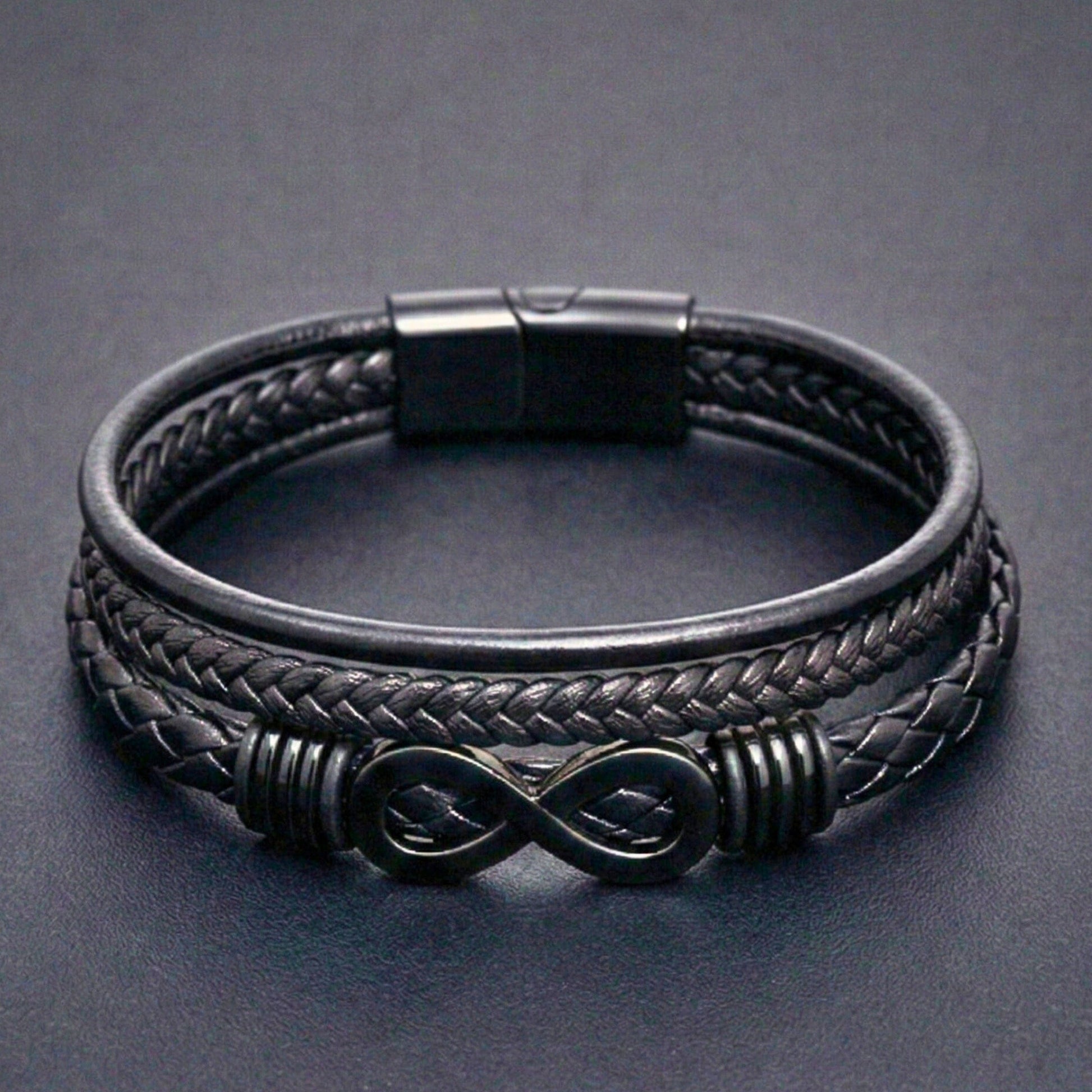 THE MEN THING Leather Bracelet INFINITY WRAP - BLACK - 27mm Genuine Leather Multi-Layer Braided Bracelet with Stainless Steel Magnetic Buckle for Men & Boys (8 inch)