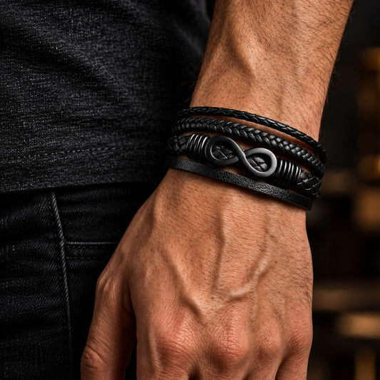THE MEN THING Leather Bracelet INFINITY WRAP - BLACK - 27mm Genuine Leather Multi-Layer Braided Bracelet with Stainless Steel Magnetic Buckle for Men & Boys (8 inch)