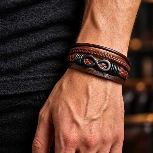 THE MEN THING Leather Bracelet INFINITY WRAP - BROWN- 27mm Genuine Leather Multi-Layer Braided Bracelet with Stainless Steel Magnetic Buckle for Men & Boys (8 inch)