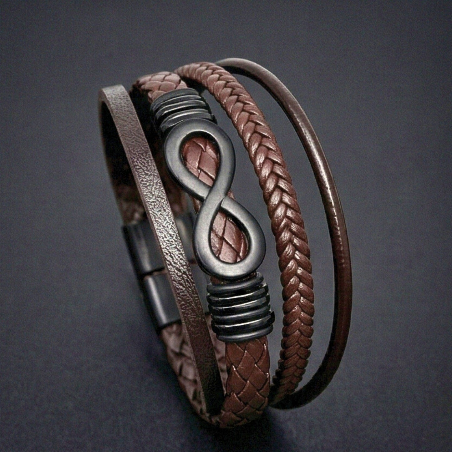 THE MEN THING Leather Bracelet INFINITY WRAP - BRWON - 27mm Genuine Leather Multi-Layer Braided Bracelet with Stainless Steel Magnetic Buckle for Men & Boys (8 inch)