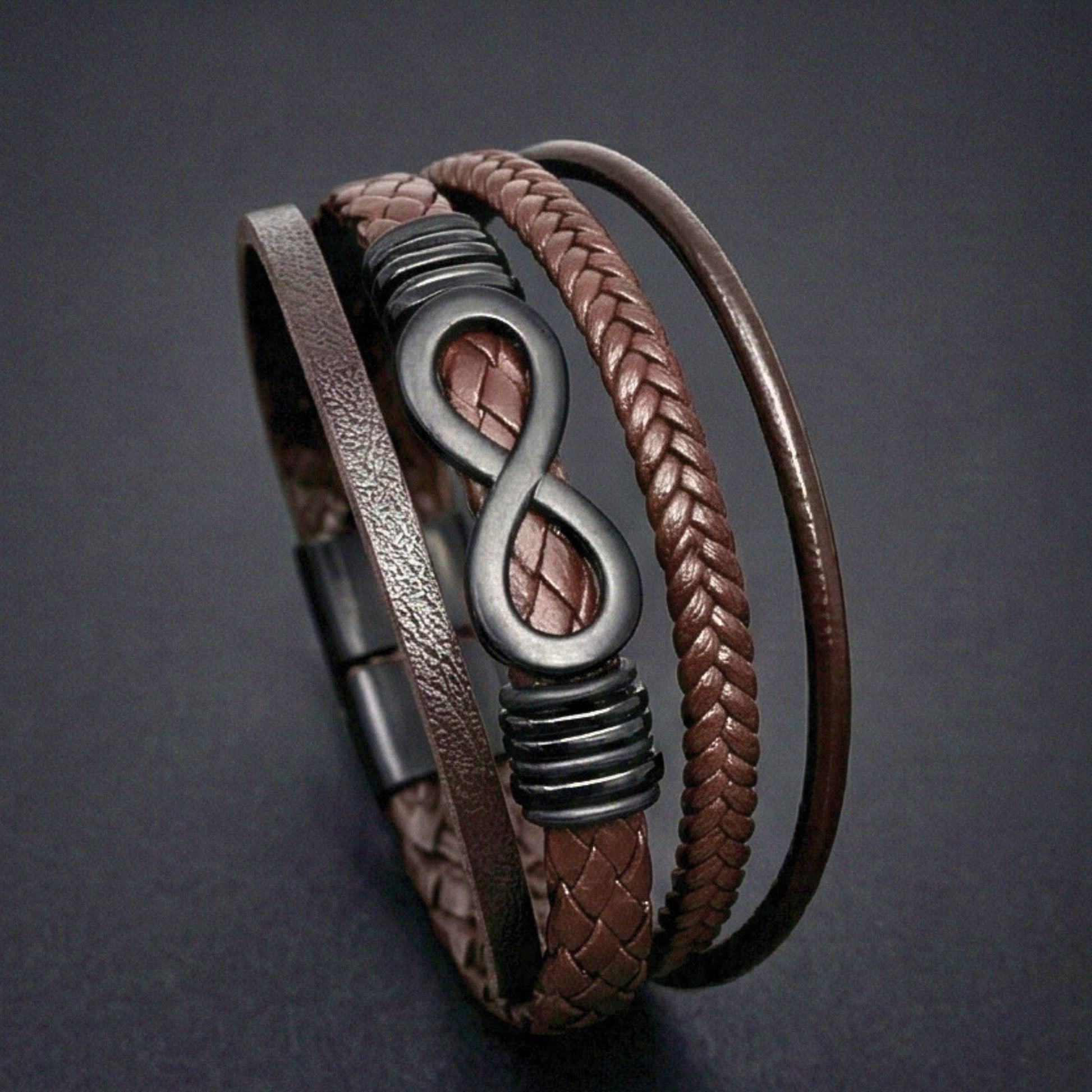 THE MEN THING Leather Bracelet INFINITY WRAP - BRWON - 27mm Genuine Leather Multi-Layer Braided Bracelet with Stainless Steel Magnetic Buckle for Men & Boys (8 inch)