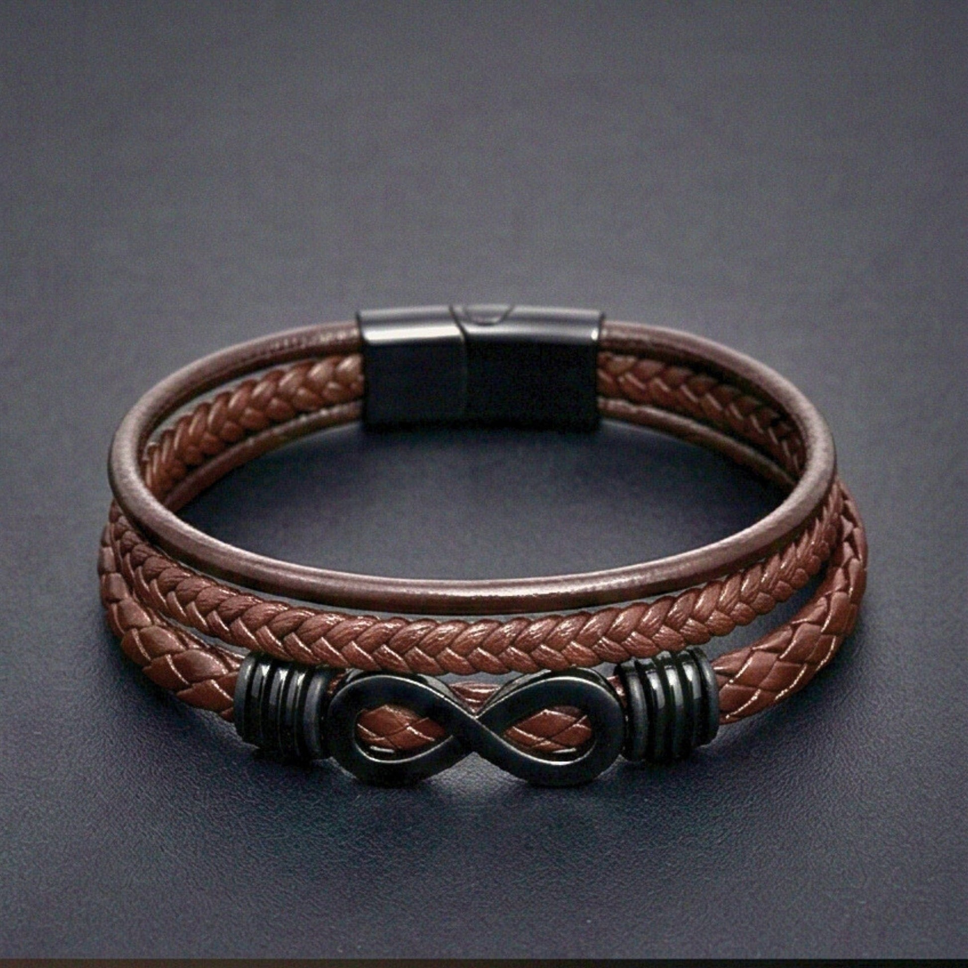 THE MEN THING Leather Bracelet INFINITY WRAP - BRWON - 27mm Genuine Leather Multi-Layer Braided Bracelet with Stainless Steel Magnetic Buckle for Men & Boys (8 inch)