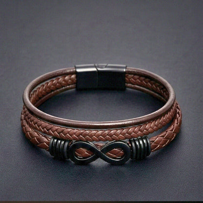 THE MEN THING Leather Bracelet INFINITY WRAP - BRWON - 27mm Genuine Leather Multi-Layer Braided Bracelet with Stainless Steel Magnetic Buckle for Men & Boys (8 inch)