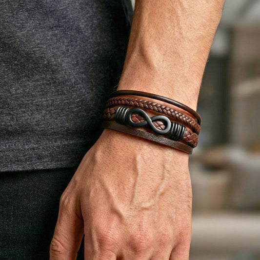 THE MEN THING Leather Bracelet INFINITY WRAP - BRWON - 27mm Genuine Leather Multi-Layer Braided Bracelet with Stainless Steel Magnetic Buckle for Men & Boys (8 inch)