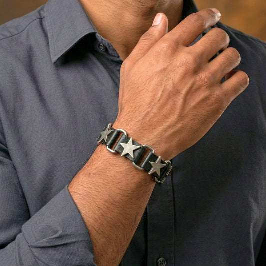 THE MEN THING Leather Bracelet IRON STAR - 23mm Genuine Leather Bracelet with Stainless Steel Buckle Clasp for Men & Boys (8 to 9 inch)