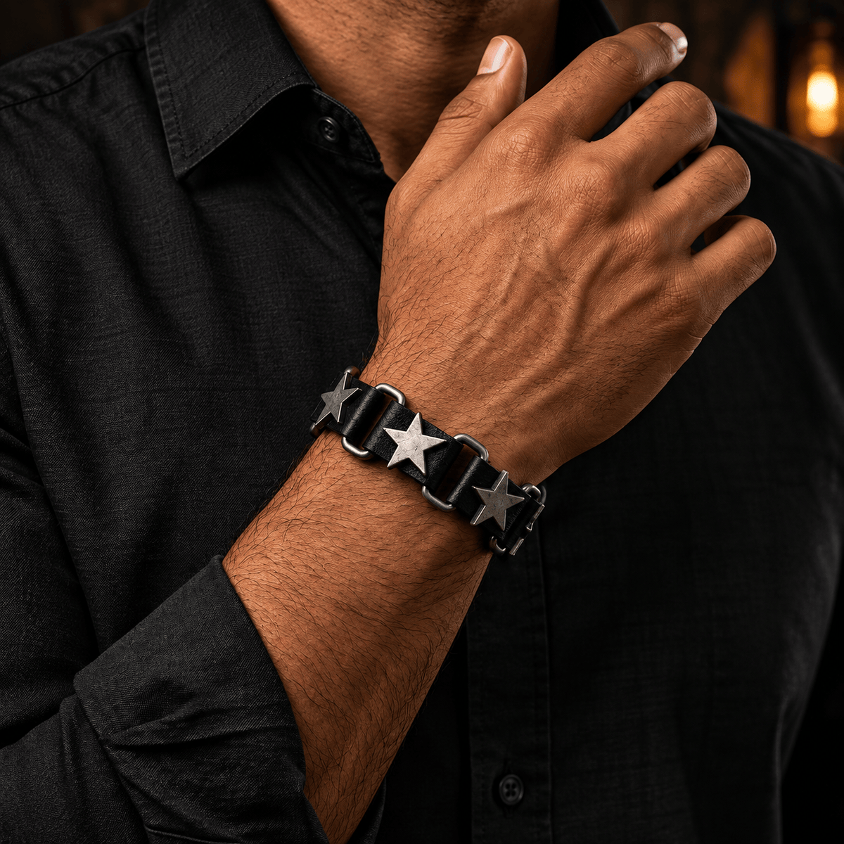 THE MEN THING Leather Bracelet IRON STAR - 23mm Genuine Leather Bracelet with Stainless Steel Buckle Clasp for Men & Boys (8 to 9 inch)